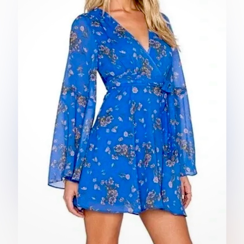Free People Lilou Cobalt Blue floral dress bell sleeve sheer SZ Sm EUC